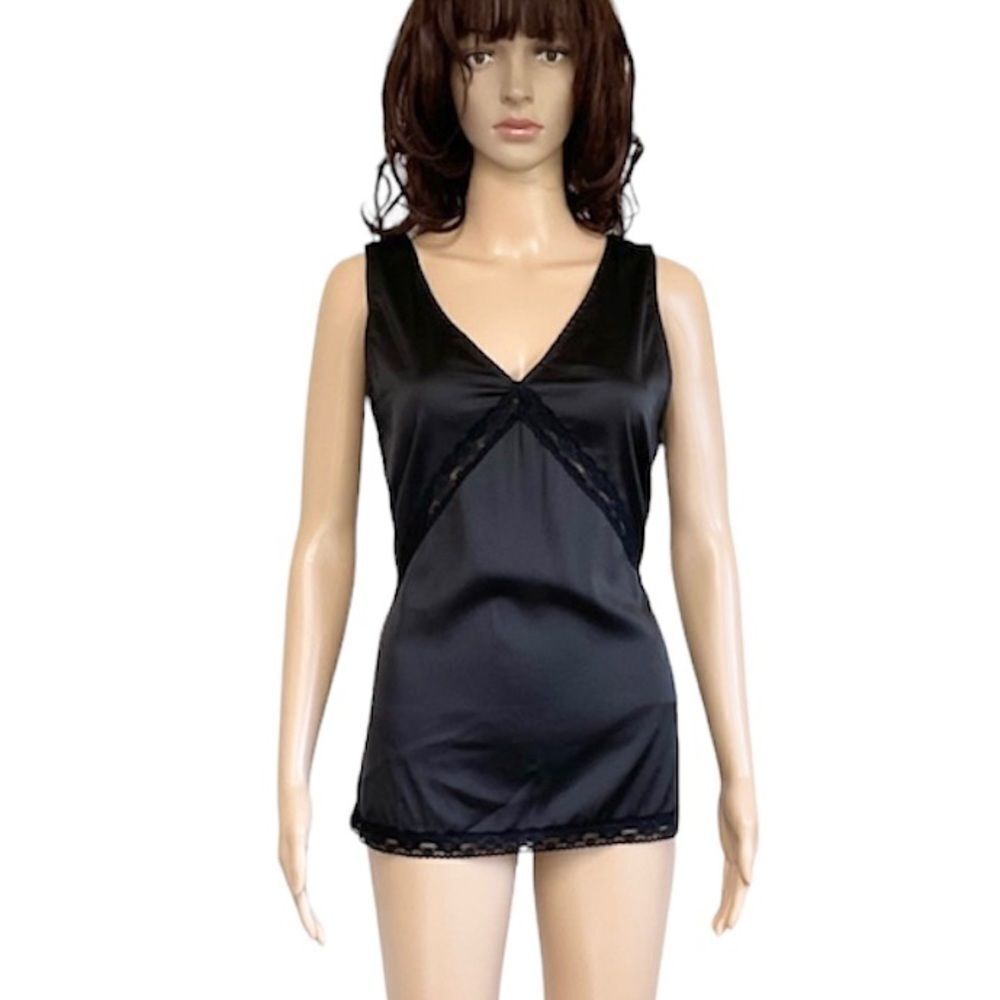 NEW Rich Fashion Black Satin V-Neck Lace Inset Pajama Lingerie Tank Top Size 6